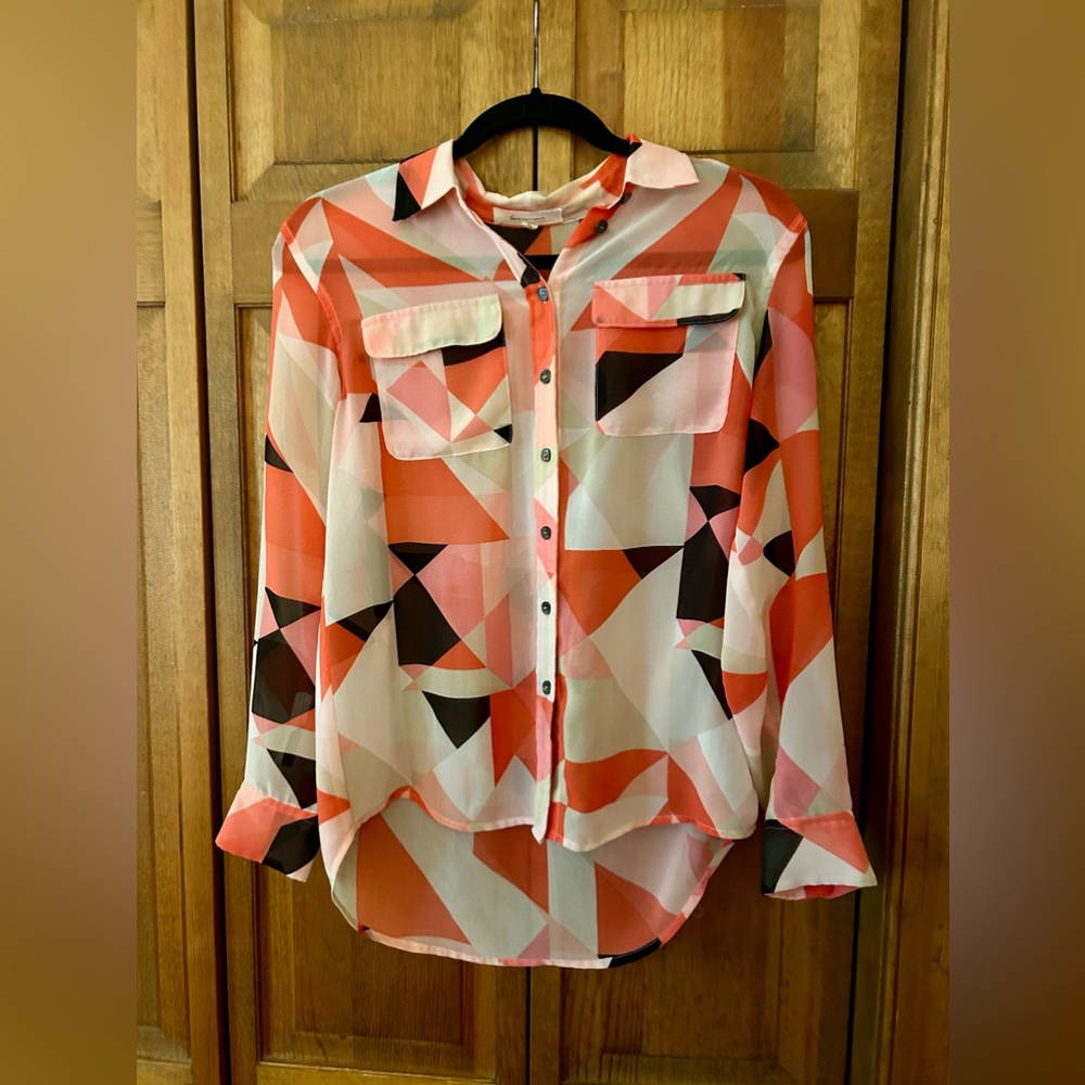 Two by Vince Camiuto Women’s S Abstract Orange Pink Black White Patterned Blouse